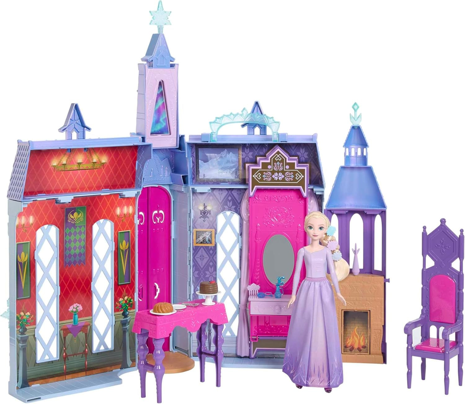 Mattel Disney Frozen - Casă de păpuși Castelul Arendelle (60 cm+) cu păpușa Elsa, 4 locuri de joacă și 15 piese de mobilier și accesorii din filmul Disney Frozen II, HLW61