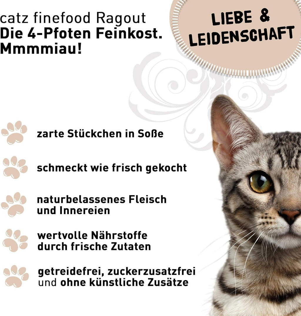 Catz Finefood Ragout N° 605 Salmon & Duck Cat Food Wet - hrană umedă delicatessen pentru pisici în sos fără cereale și zahăr cu conținut ridicat de carne, cutie 6 X 190 G