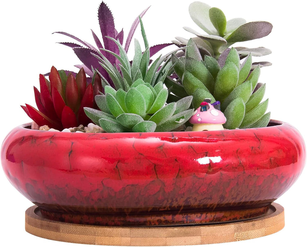 Ghivece mari pentru plante suculente cu farfurioare din bambus, jardiniere ceramice pentru cactus de 18,5 cm, ghivece rotunde pentru flori, recipiente pentru bonsai pentru grădină, birou, decorare birou