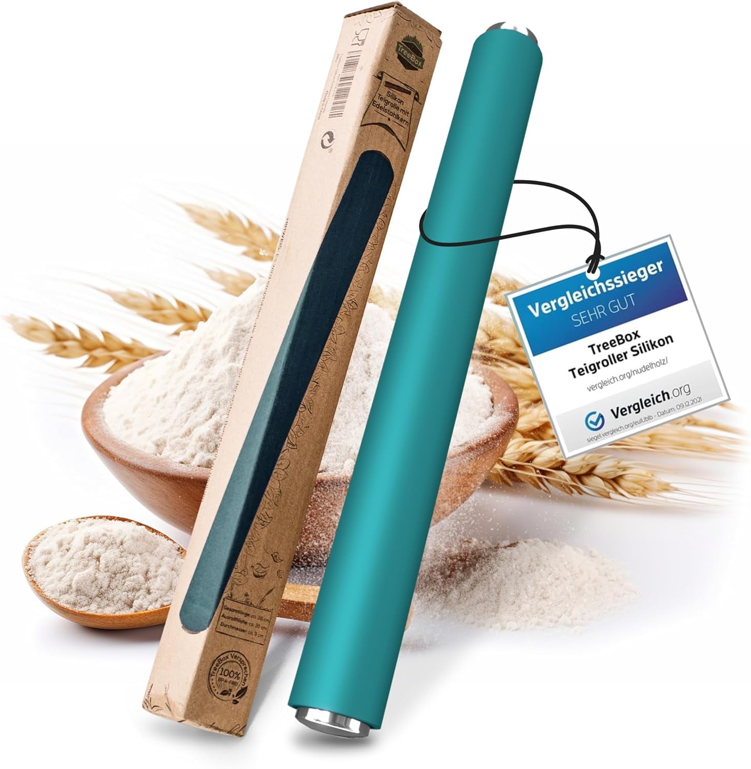 Nudelholz - Teigroller fra Silikon og Edelstahl - Modernes Nudelholz ohne Griffe mit Antihaftwirkung, Fondant og Teig im Handumdrehen ausrollen, Backutensilien