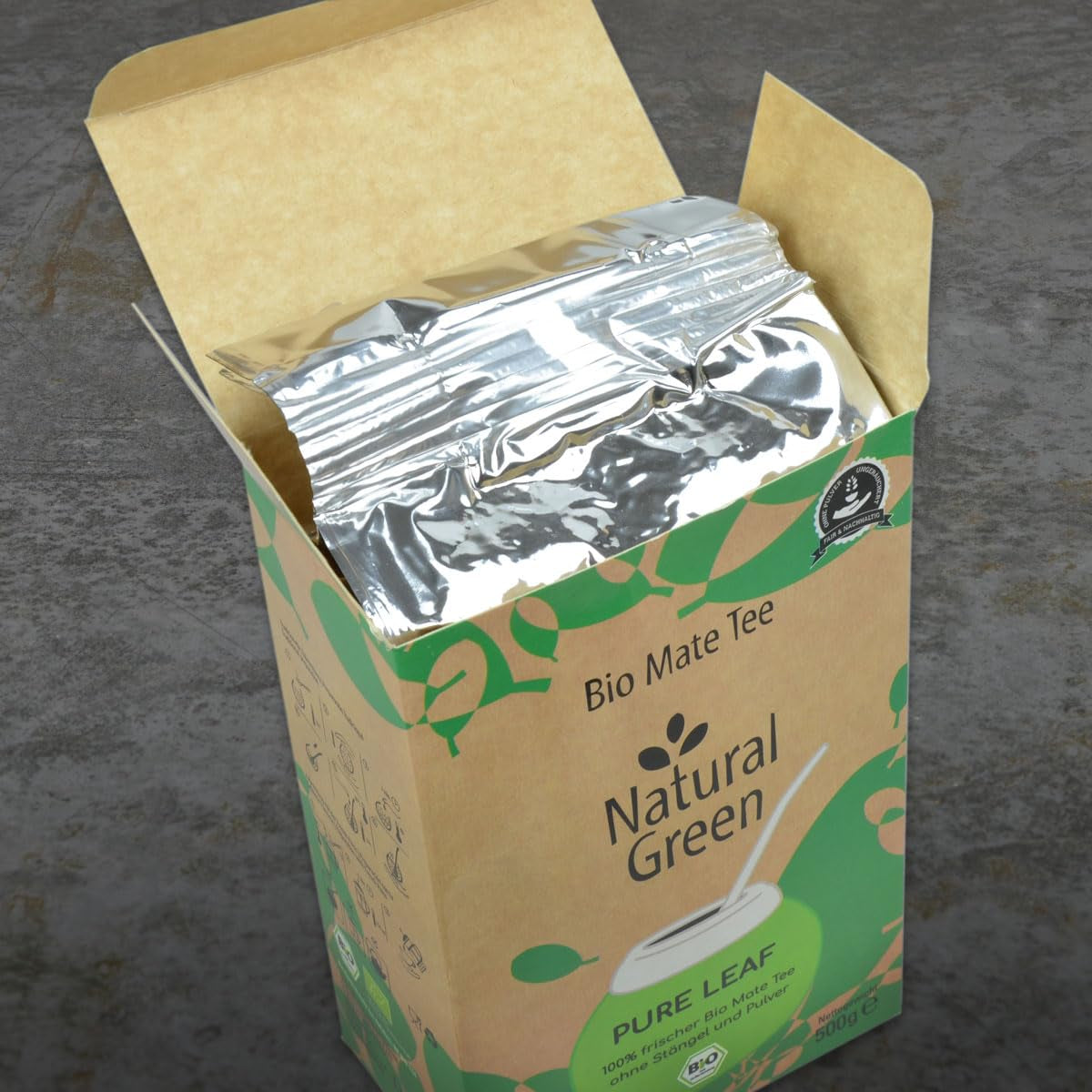 Delicatino - Verde natural PURE LEAF 500G, yerba mate organic fără tulpini, proaspăt și fără fum, cultivat ecologic, ambalat în vid pentru prospețime maximă