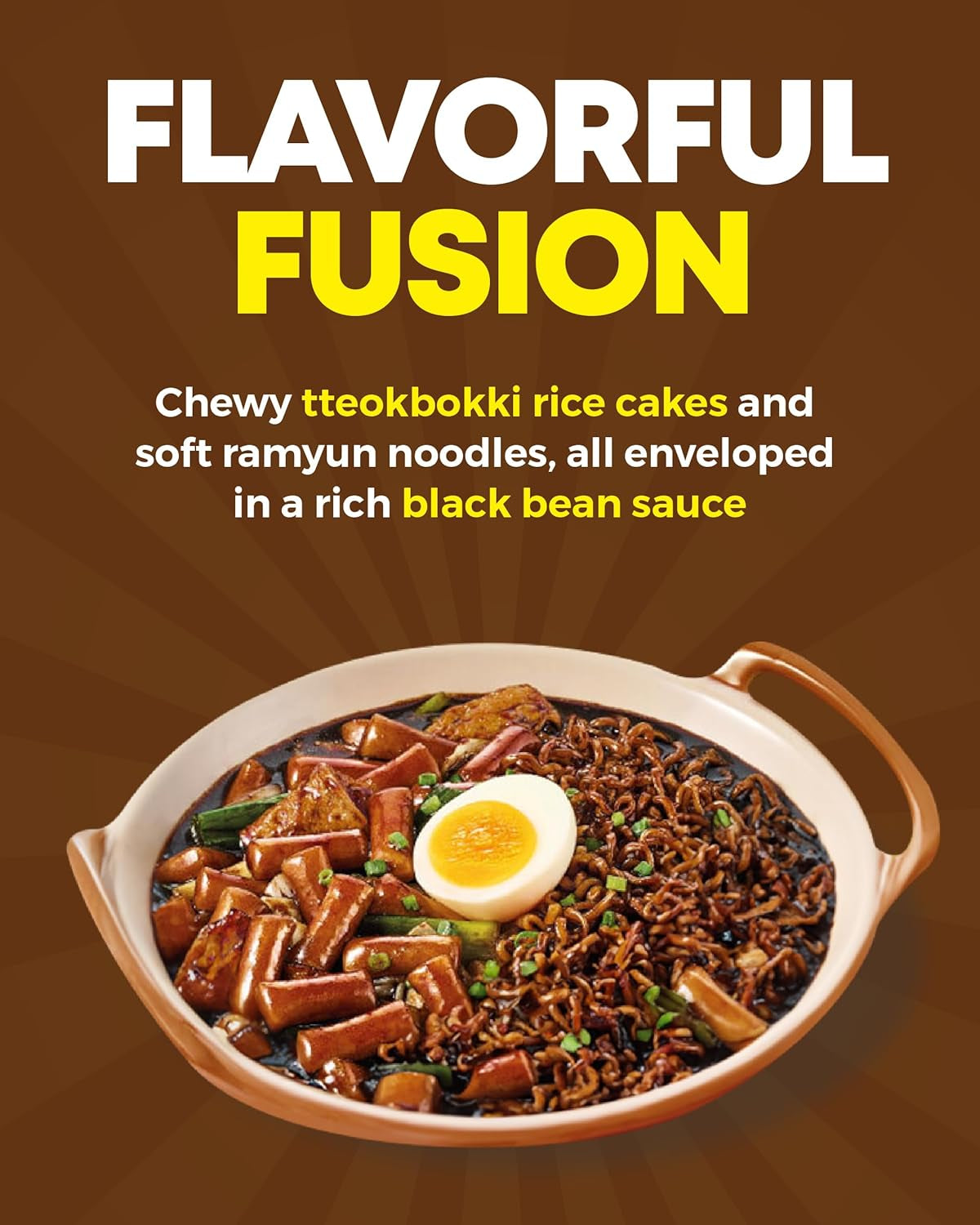 NONGSHIM Rapokki (Jjajang, 400 ml) – autentisk koreansk street food, ramen og riskager, sorte bønner; hurtig og nem at tilberede, klar på 4 minutter