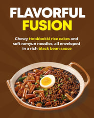 NONGSHIM Rapokki (Jjajang, 400 ml) – autentisk koreansk street food, ramen og riskager, sorte bønner; hurtig og nem at tilberede, klar på 4 minutter