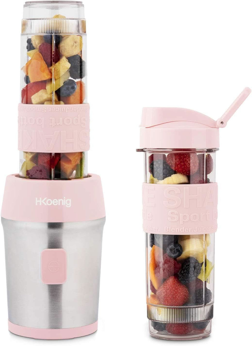 H.Koenig Smoothie Maker SMOO9 - Mini Standmixer - Mini Blender - 300 Watt - 570 Ml - Edelstahl - 2 Kunststoffflaschen - Bpa-Free, Wheat Kitchen Naty Shop Pastelrosa