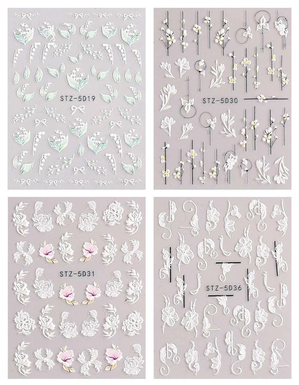 JMEOWIO 3D Nagelsticker Frühling Blume Nail Art Sticker Selbstklebend Nagelaufkleber 5D Stereoskopisch Buntes Sommer Blumen Dekoration Nageldesign Zubehör 4 Blatt