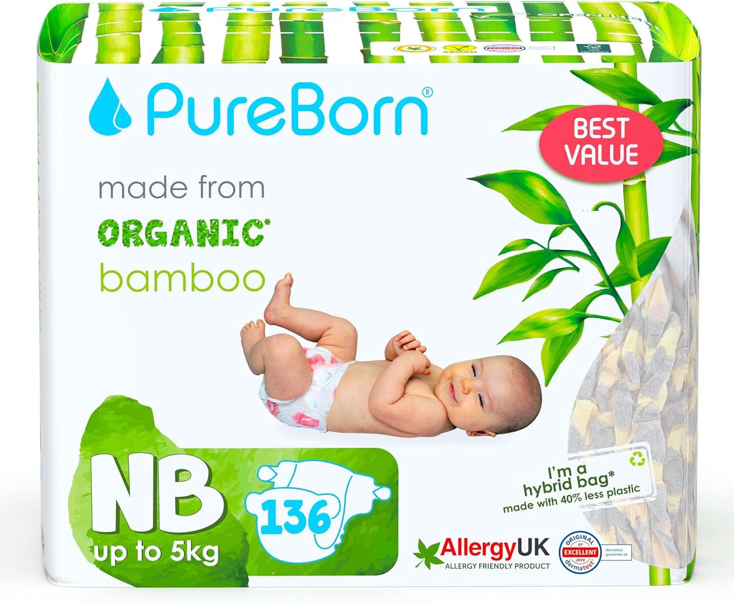 Pureborn Eco økologiske bambusbleer, nyfødtstørrelse (op til 5 kg), miljøvenlige, allergivenlige, ultrabløde, med fugtindikator, forskellige prints Mother and Baby Naty Shop Newborn (136 stk)