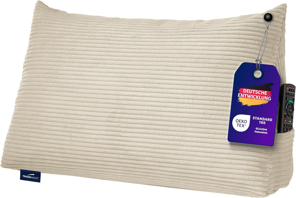 Pernă de citit Traumnacht Cozy Back Cushion, 70 x 40 cm gri închis, husă detașabilă și lavabilă din 100% poliester, buzunar lateral practic, certificată Oeko-Tex, produsă conform standardelor germane de calitate