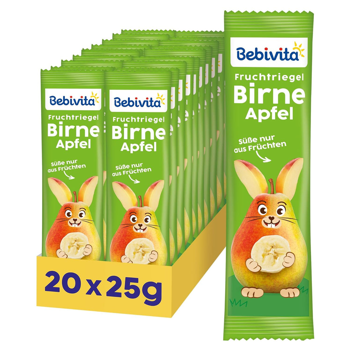 Pære-æble frugtbarer (20 x 25 g), kun sødet med frugt, perfekt snack mellem måltiderne, tilberedt af strengt kontrollerede og udvalgte ingredienser.
