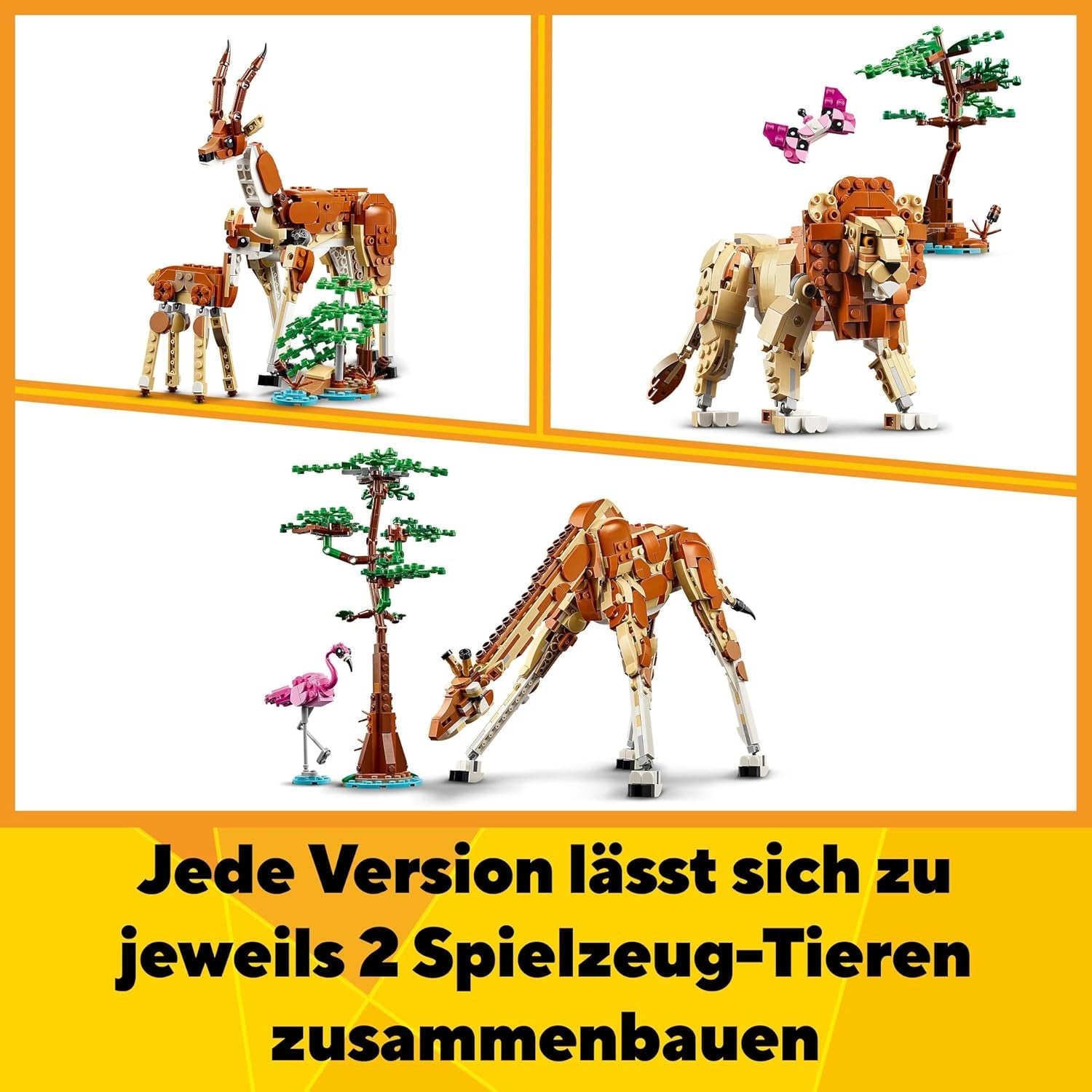 LEGO Creator 3In1 Animal Safari, kreativt sæt med dyrefigurer, 3 byggemuligheder: Legetøjsgiraf, gazelle og løve, legetøjsdyr til piger og drenge, naturgave til børn i alderen 9+ 31150 Byggesæt Beuche den LEGO-Store