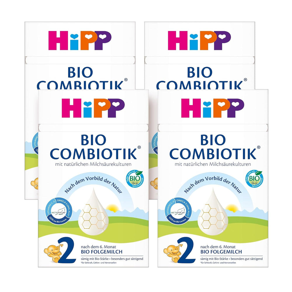 HiPP 2 Økologisk Combiotik (4 x 600 g), tilskudsmælk efter 6 måneder, med stivelse, naturlige kulturer af mælkesyre, GOS, Omega-3 (DHA, ALA), af bedste økologiske kvalitet