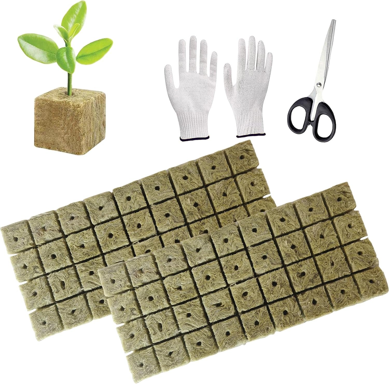 50 stk Mineraluldsdyrkningsmåtte, Mineraluldsterning, Mineraluldsisolering, Mineraluldsdyrkningsmåtte med saks og handsker til jordfri dyrkning, hydroponi og transplantation