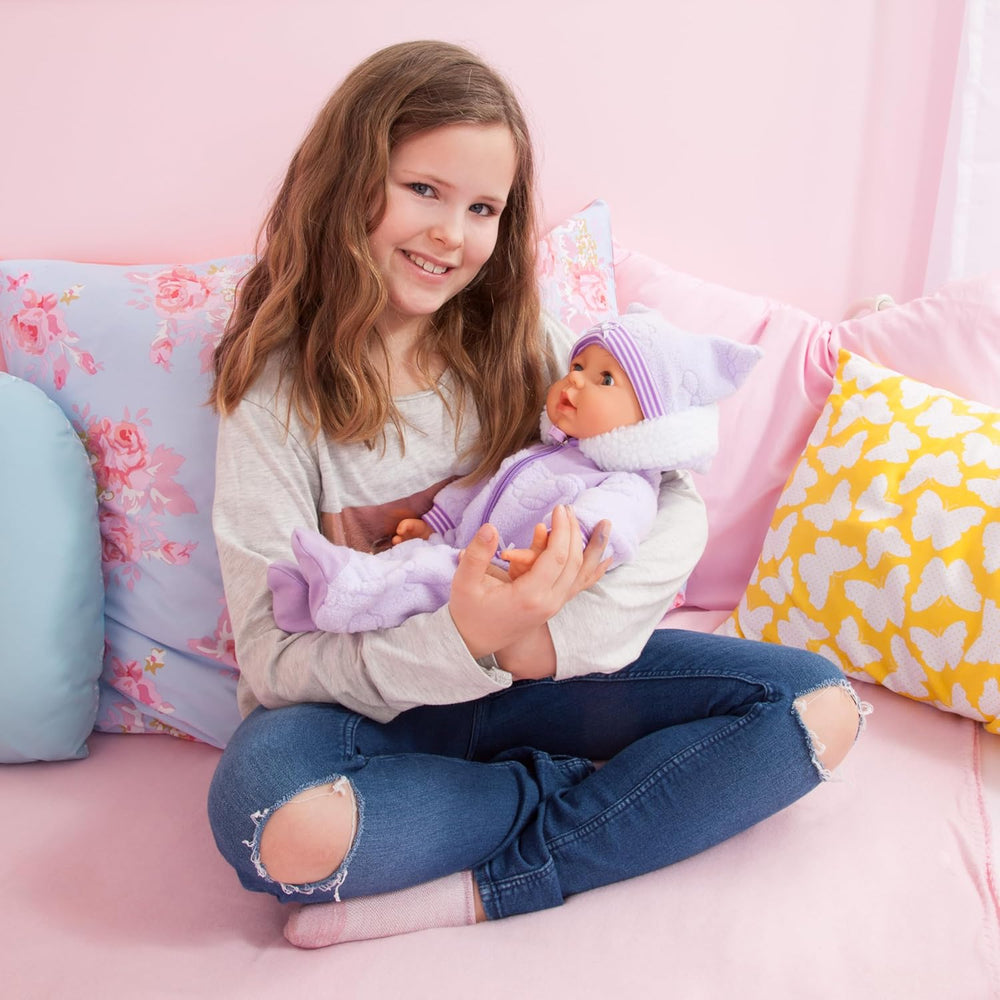 Bayer Design 94694AG 94694AA, Păpușă funcțională, Păpușă interactivă Piccolina Magic Eyes, mișcă gura, clipește și închide ochii, vorbitoare, violet, 46 cm