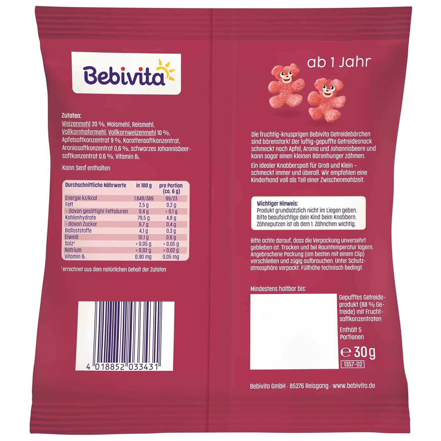 Kornbjørne med superfrugt (9 x 30 g) - snacks til børn fra 1 år, kun sødet med frugt, ideel sjov for hele familien