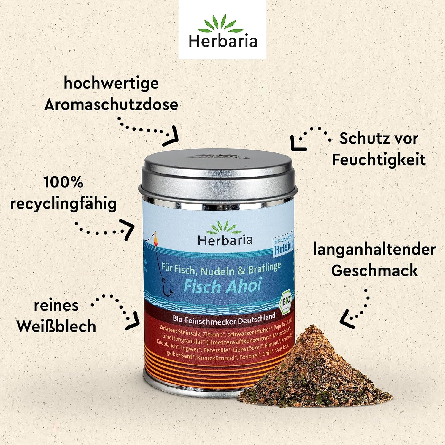Herbaria Fisch Ahoi bio 85g M-Dosis – Fertiges Bio-Gewürzsalz for Gebratene eller gegrillte Fischgerichte, Meeresfrüchte og Bratlinge – i nachhaltiger Aromaschutz-Dose