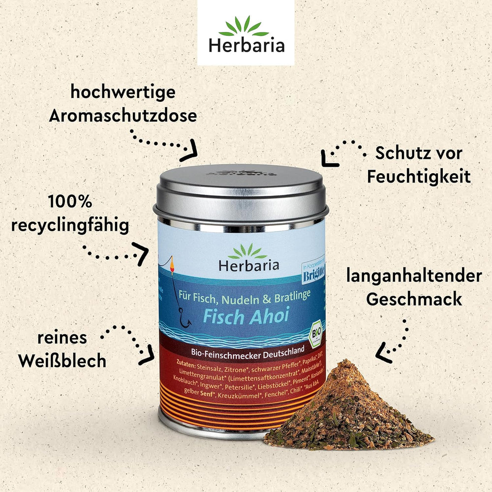 Herbaria Fisch Ahoi bio 85g M-Dosis – Fertiges Bio-Gewürzsalz for Gebratene eller gegrillte Fischgerichte, Meeresfrüchte og Bratlinge – i nachhaltiger Aromaschutz-Dose