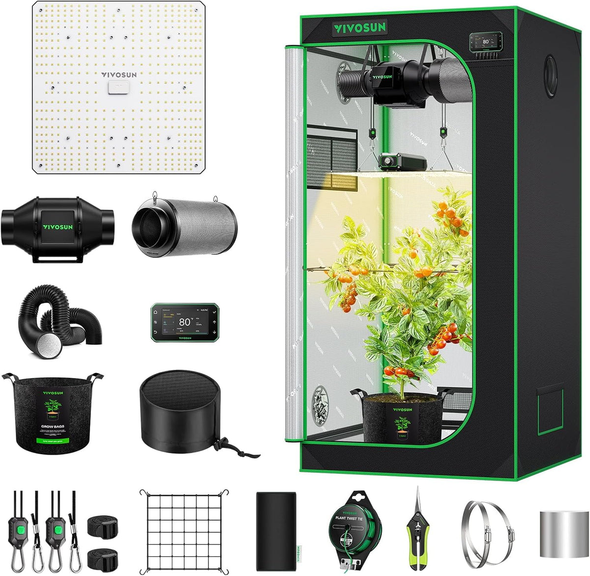 VIVOSUN GIY 80x80x160 cm Smart Grow Telt System, Indbygget WiFi Grow Telt Kit med Auto Ventilation og Cirkulation, 150W Full Spectrum LED Grow Light og GrowHub E42A Controller