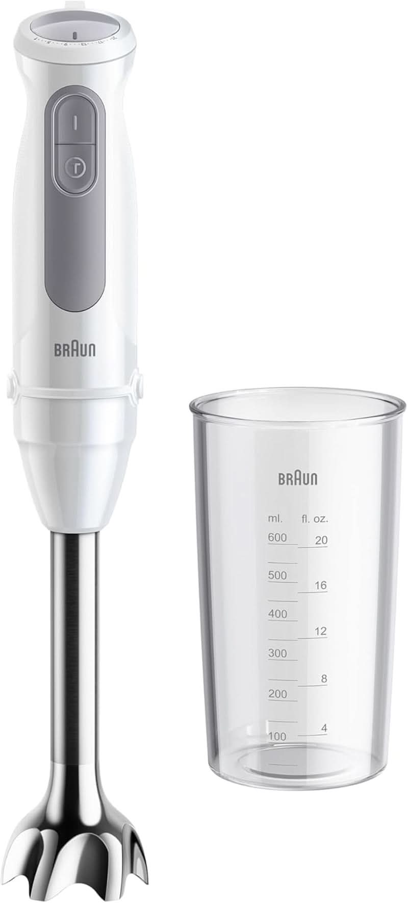 Braun Stabmixer MQ 5200WH - Multiquick 5 Vario Pürierstab Mit Edelstahl Mixfuß, 1000 Watt, Inkl. 600 Ml Mix- & Messbecher, Weiß/Grau Bucatarie Naty Shop Version 2024 - Stabmixer