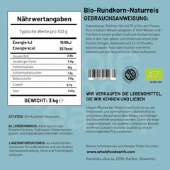 Wholefood Jord Økologisk Kortkornet Brun Ris 3 kg Ikke-GMO vegansk kilde til fibre fra kontrolleret økologisk landbrug