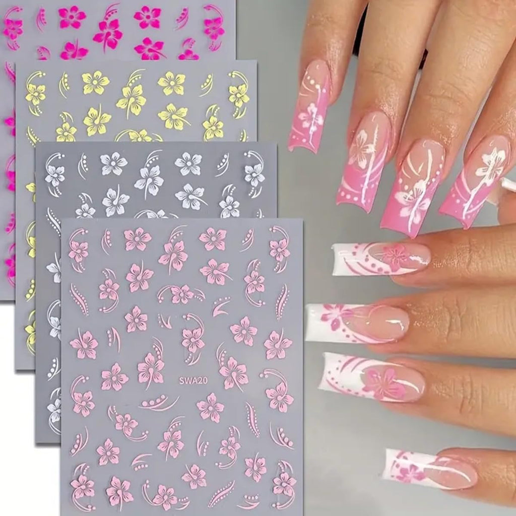 8 Stück Hibiskus Nagelsticker, 3D Selbstklebende Blumen Nagelaufkleber, Weiß Rosa Gelb Magenta Sommer Neonail Sticker, Nail Art Zubehör Nagel Deko Für Frauen