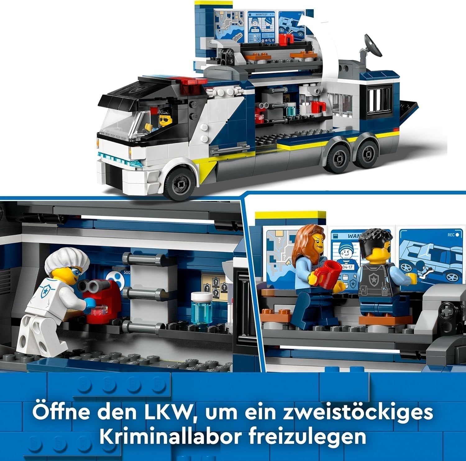 LEGO City politibil med laboratorium, 4 politisæt og legetøjsvogn til børn, gave til drenge og piger fra 7 år og opefter, plus 5 minifigurer - 2 politimænd, 1 videnskabsmand og 2 skurke 60418 byggesæt Beuche den LEGO-Store