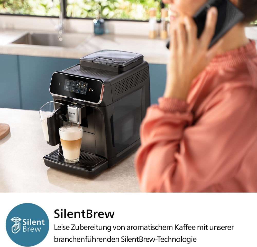 Espressor automat PHILIPS seria 2300 - 4 băuturi, ecran tactil color modern, sistem de preparare a laptelui LatteGo, SilentBrew, râșniță 100% ceramică, filtru AquaClean. Negru mat (EP2330/10)