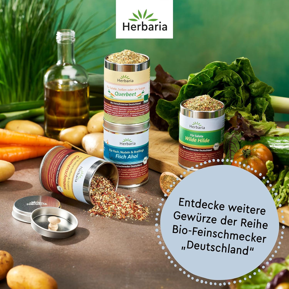 Herbaria Himmel auf Erden bio 100g M-Dose – fertiges Bio-Gewürzsalz für Rind-, Kalb- og Schweinefleisch als Braten eller Kurzgebratenes – i nachhaltiger Aromaschutz-Dose