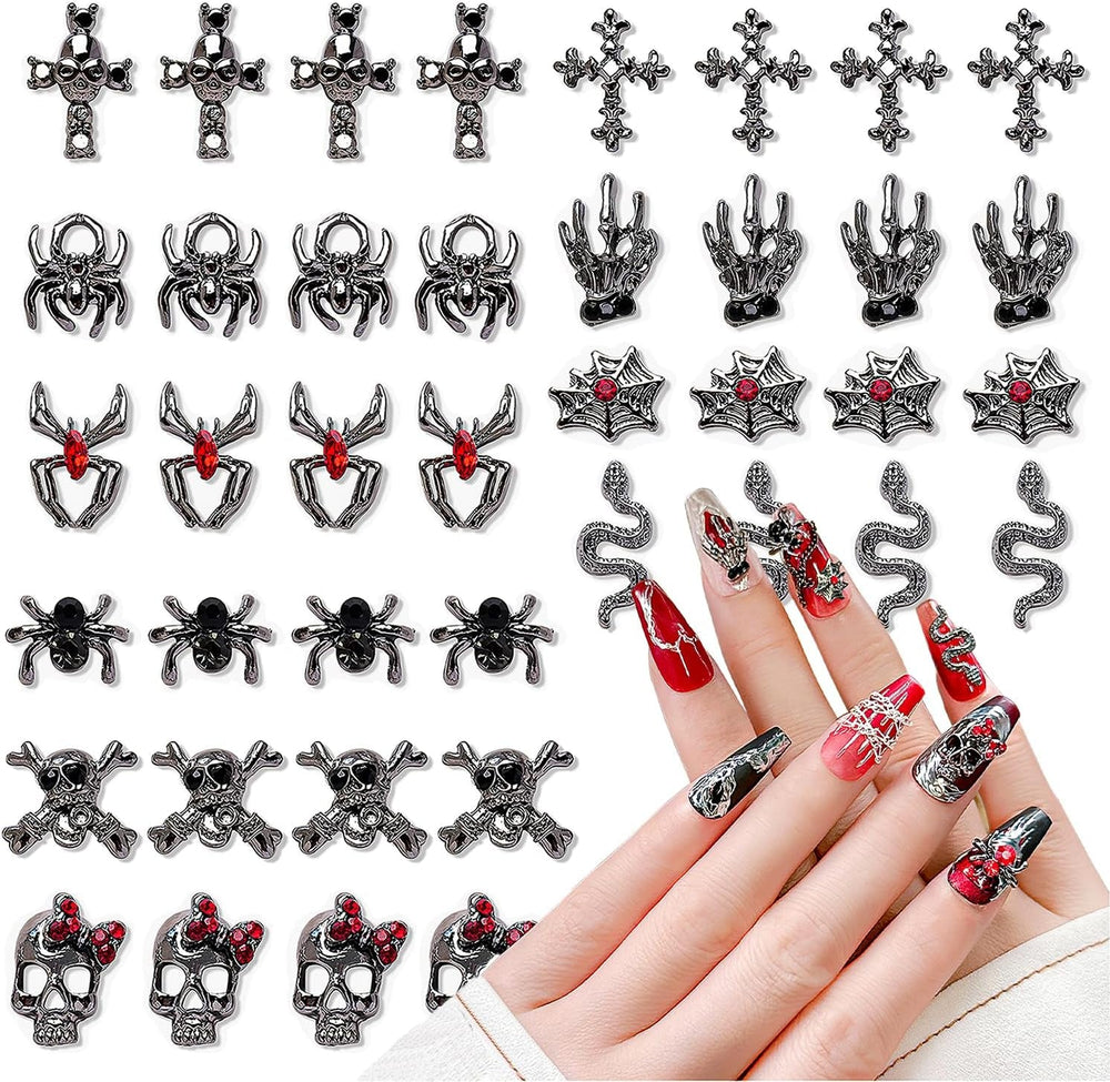 40 Stück 3D-Halloween-Nagelkunst-Charms, Vintage-Punk-Legierung, Nagelanhänger, Totenkopf, Geist, Fledermaus, Spinne Mit Strasssteinen, Legierung, Nagelkunst, Schmuck Für Halloween, DIY,