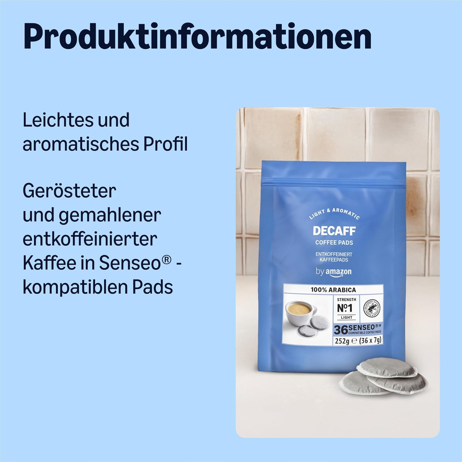 by Amazon Entkoffeinierte 100% Arabica-Kaffeepads, geeignet für Senseo-Maschinen, mittlere Röstung, 36 Stück (1 Packung mit 36 Stück) – Rainforest Alliance-zertifiziert