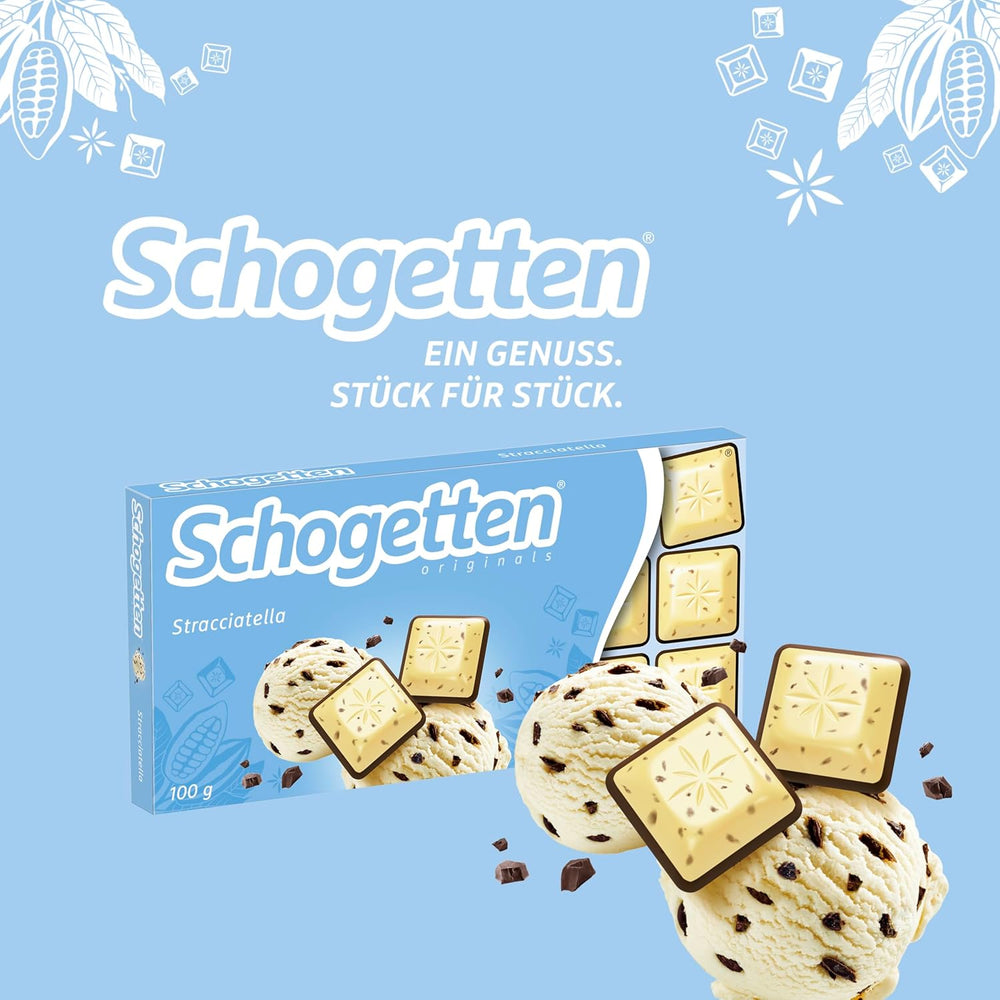 Schogetten Stracciatella chokoladebar 100g, individuelt portioneret. En fryd. Stykke for stykke.