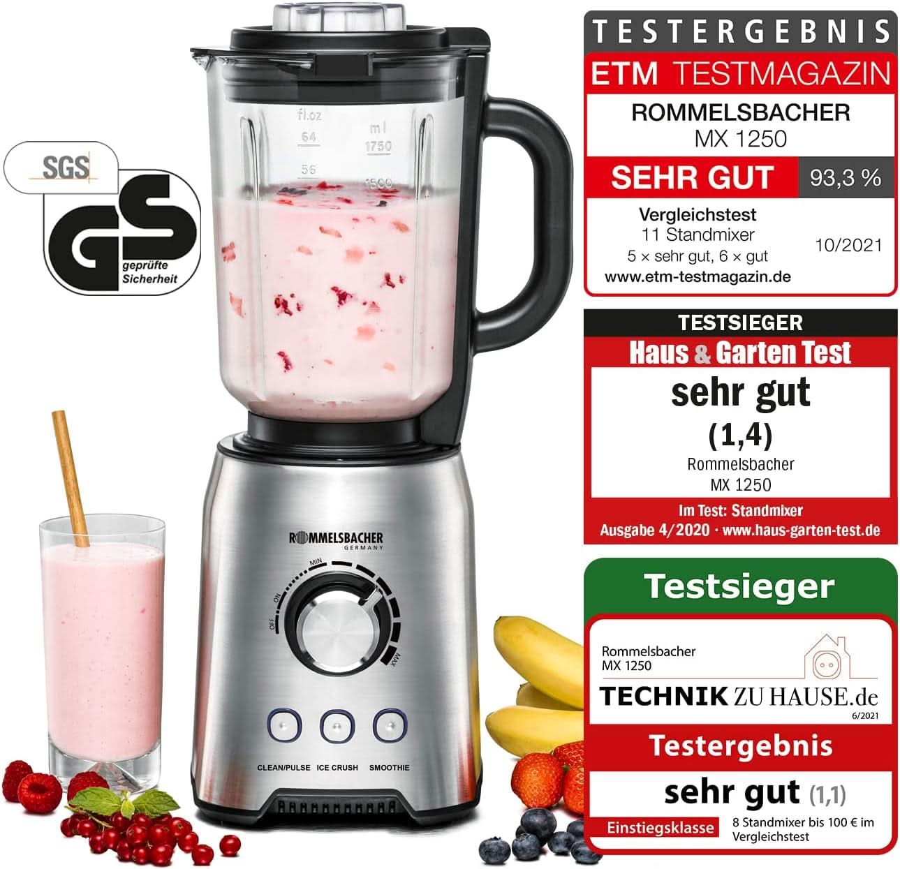 ROMMELSBACHER Standmixer MX 1250-22.000 U/Min, Stufenlose Drehzahlregulierung, Funktionsstasten (Smoothie, Clean/Pulse, Ice Crush), Glaskrug, Edelstahlgehäuse, Spezialmesser, 1200 Watt Kitchen Naty Shop