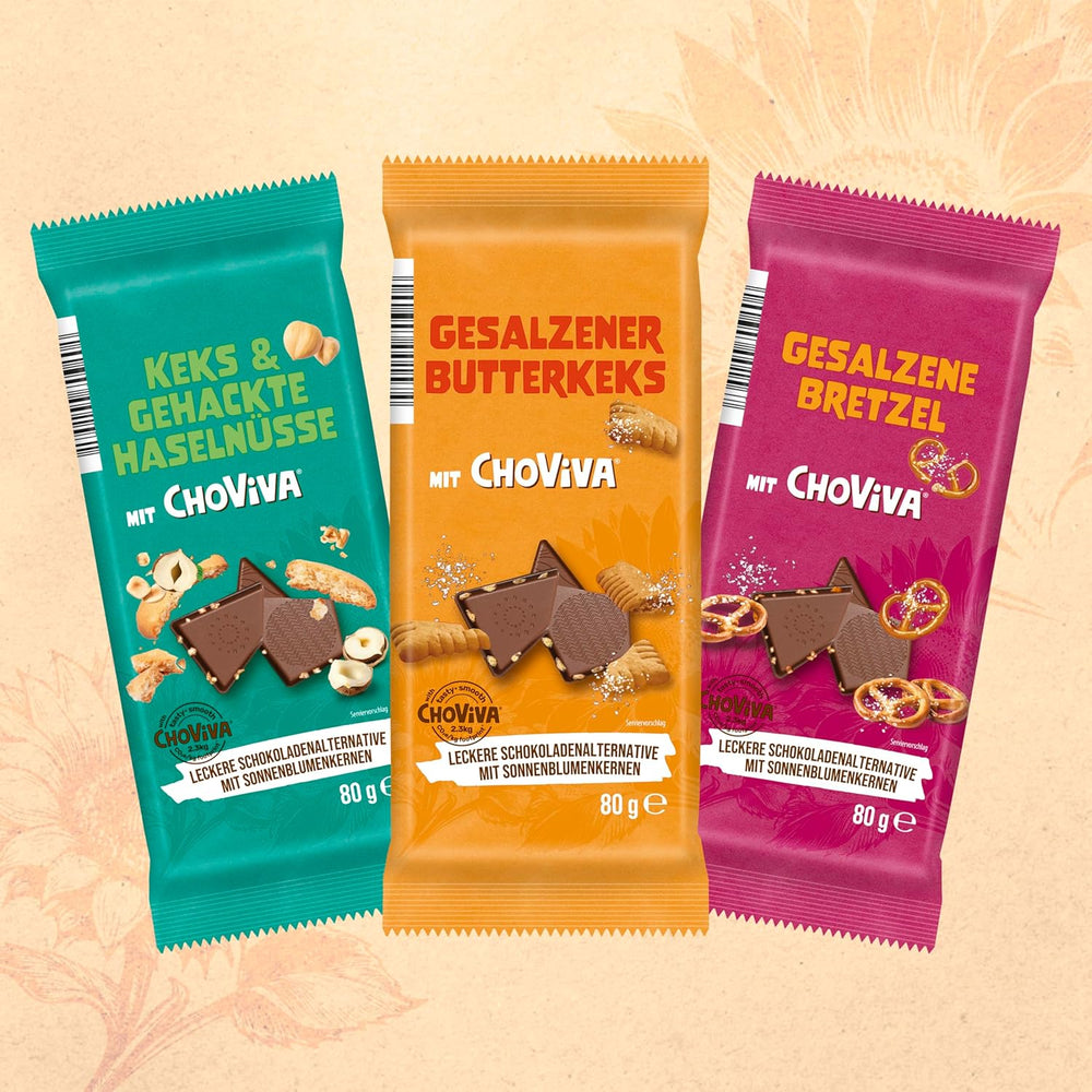 Saltede smørkiks og ChoViva, 80 g bar, lavet af alternativ chokolade med solsikkefrø