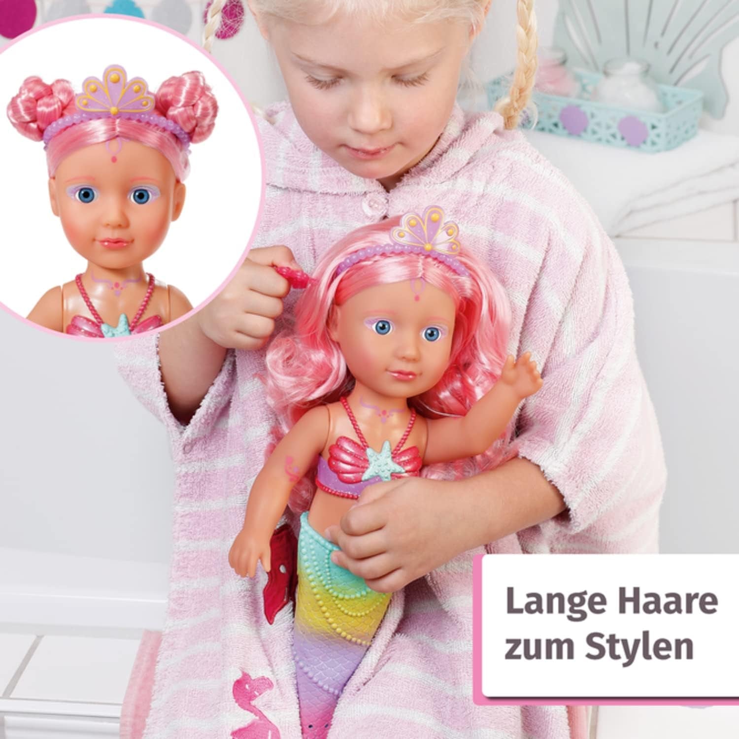 BABY Born Little Sister Mermaid 46 cm, Păpușă sirenă impermeabilă cu păr lung și aripioară mobilă cu sclipici, incl. tiară și pieptene, 833681 Zapf Creation Papusi Naty Shop