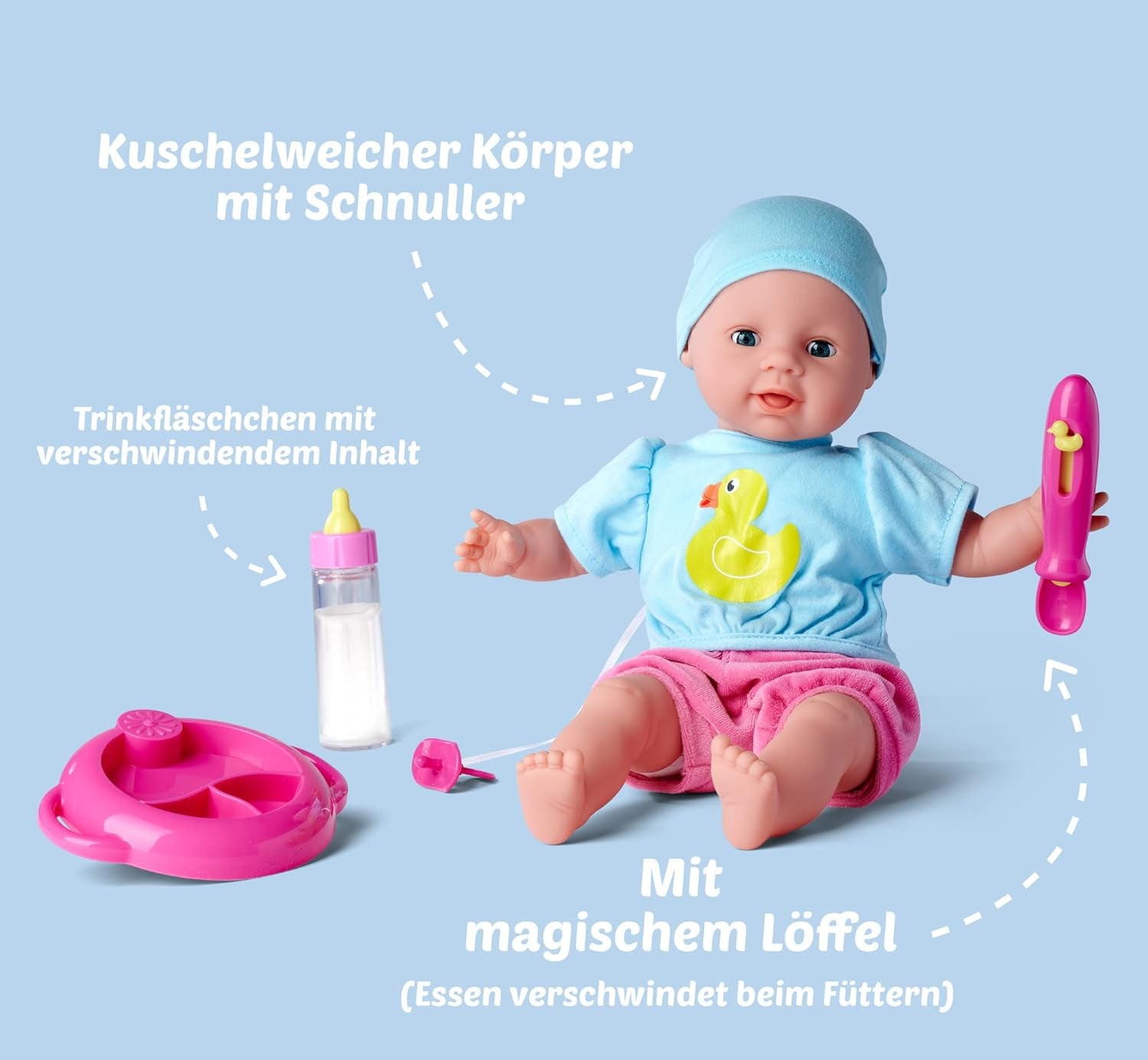 Simba 105010964 - Laura Hungry blød kropsdukke med mannequin, trylleske, flaske med forsvindende indhold og lille tallerken, 38cm, dukke fra 2 år Naty Shop Dolls