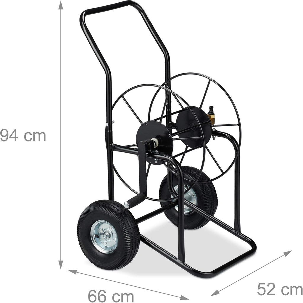 Cărucior furtun Relaxdays, rolă furtun mobilă, racord 1/2" și 3/4", furtun până la 80 m, 2 roți, metal, negru