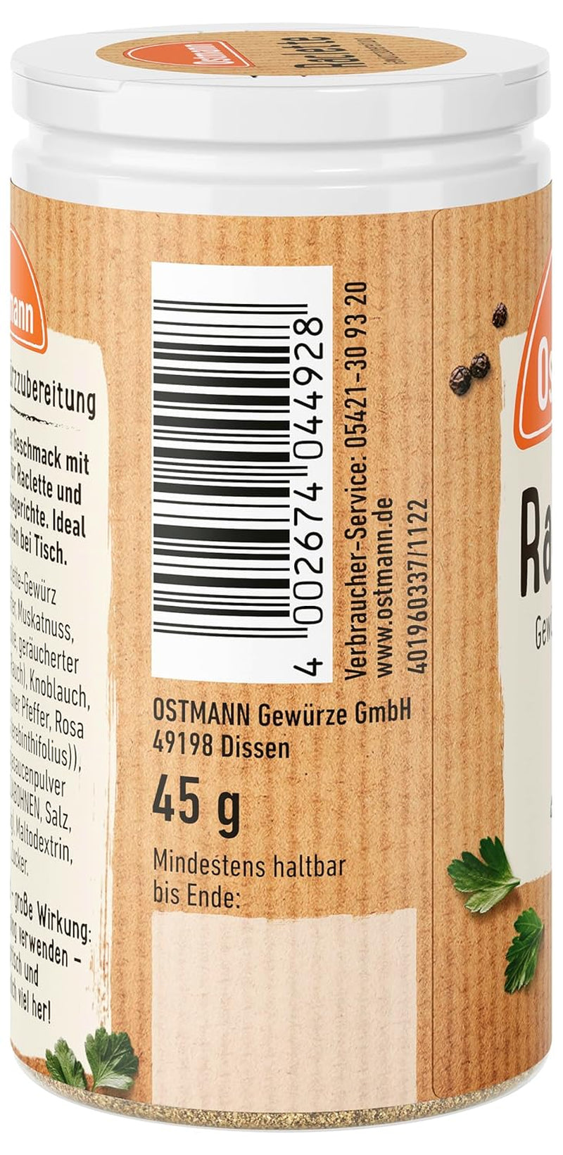 Ostmann Gewürze - Raclette Gewürzzubereitung | Zum Würzen von Käsegerichten | Recyclebare, nachfüllbare Streudose | 45 g i Streuer