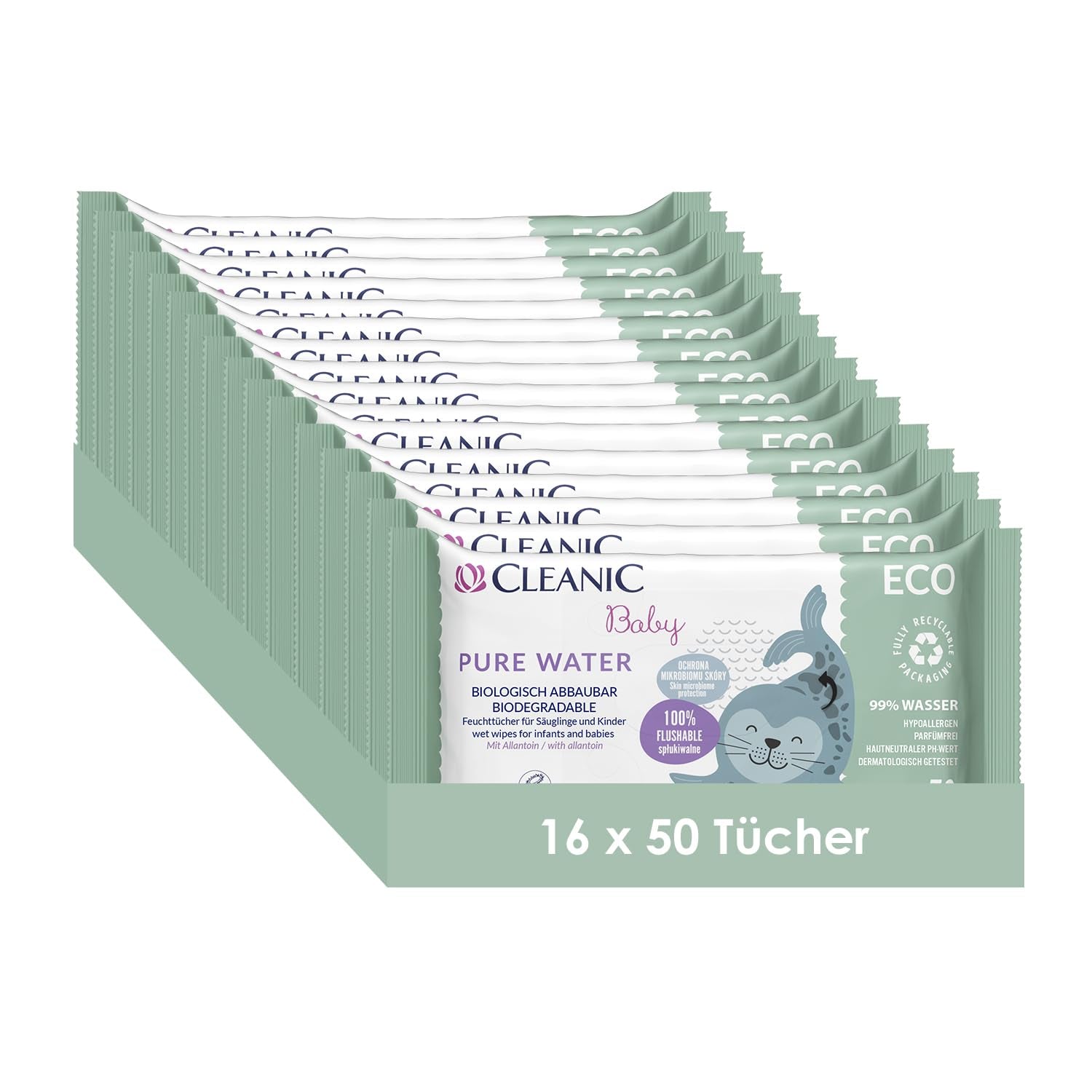 Cleanic Baby Eco Pure Water Wet Wipes – (1 x 50 stk.) Vådservietter til børn og spædbørn – parfumefri, skyllebar, følsom hud – 50 stk.