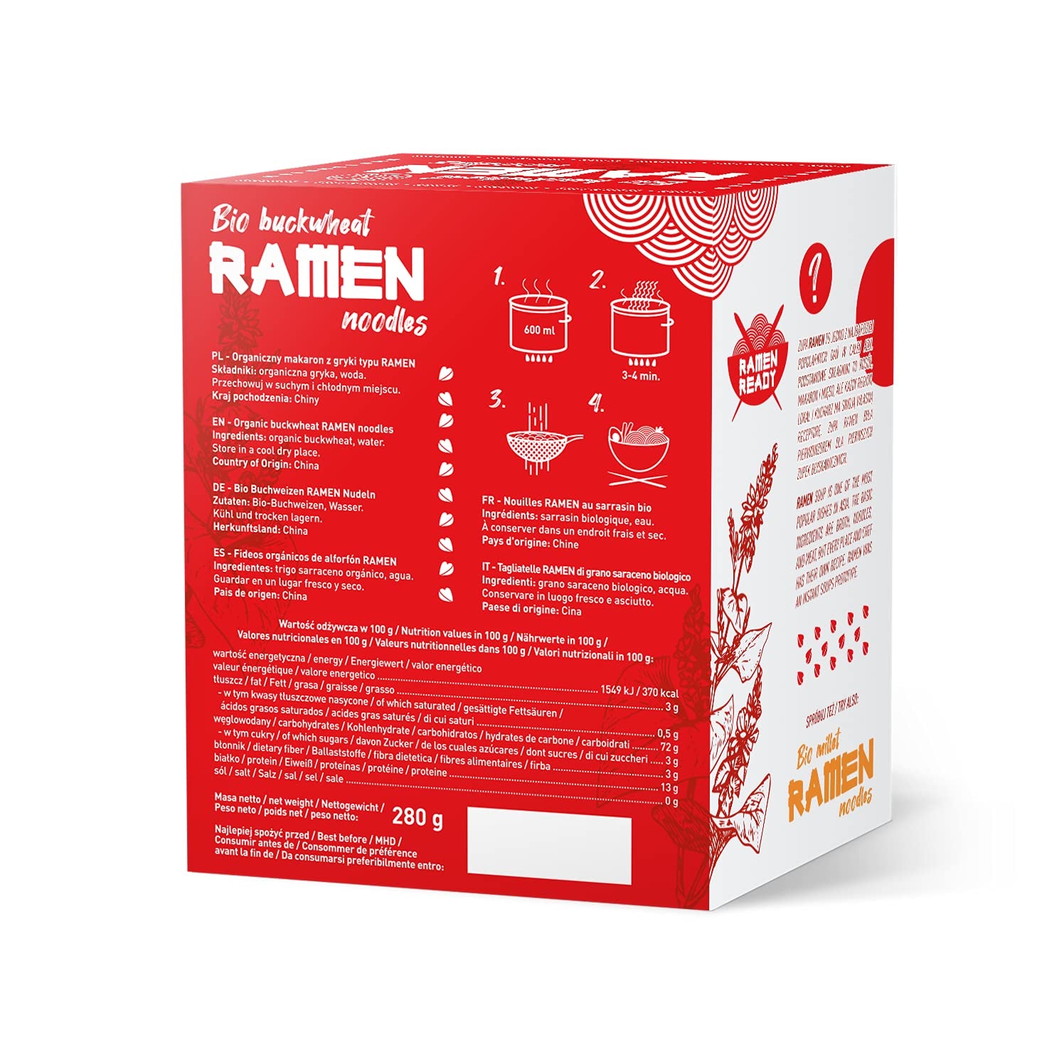 DIET-MAD Økologiske boghvede Ramen nudler, vegetarisk og vegansk mad, fedtfri, sojafri, glutenfri, vandopløselige diætnudler, lavt kalorieindhold, 280 g