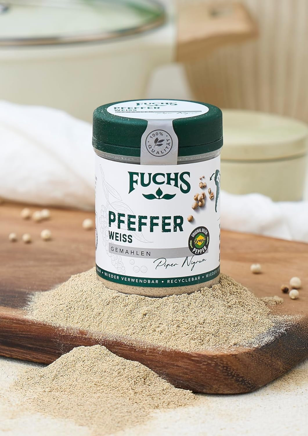 Fuchs Gewürze - Pfeffer weiß gemahlen - Pfeffer aus dem Amazonasgebiet, für helle Saucen, Fisch eller Suppen - naturlige ingredienser - 60 g i wiederverwendbarer, genbrugsbarer Dosis