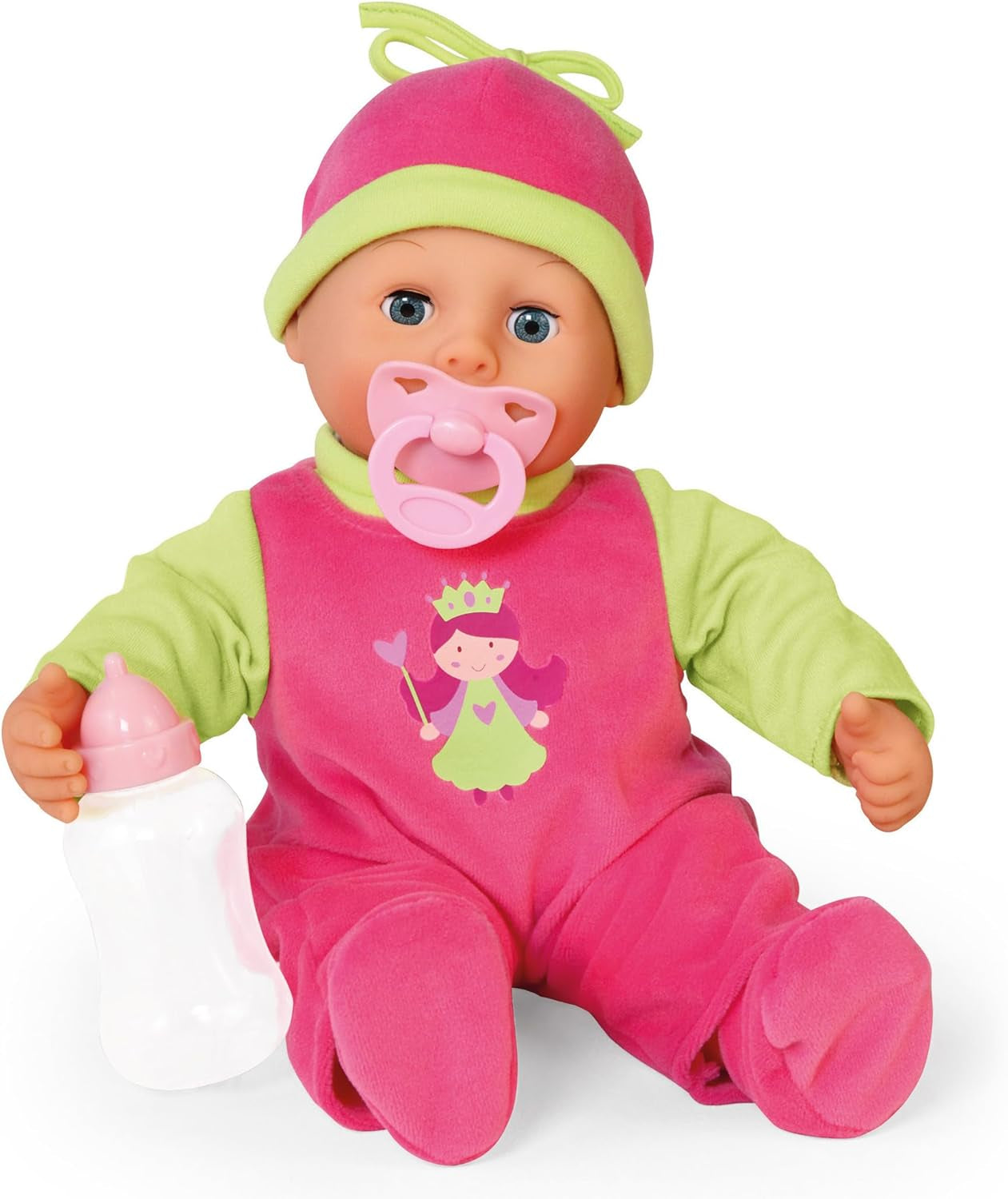 Bayer Design 93800-pink 93825AA Babypuppe First Words, Schlafaugen, spricht 24 Babylaute, weicher Körper, mit Schnuller und Flasche, 38 cm, pink
