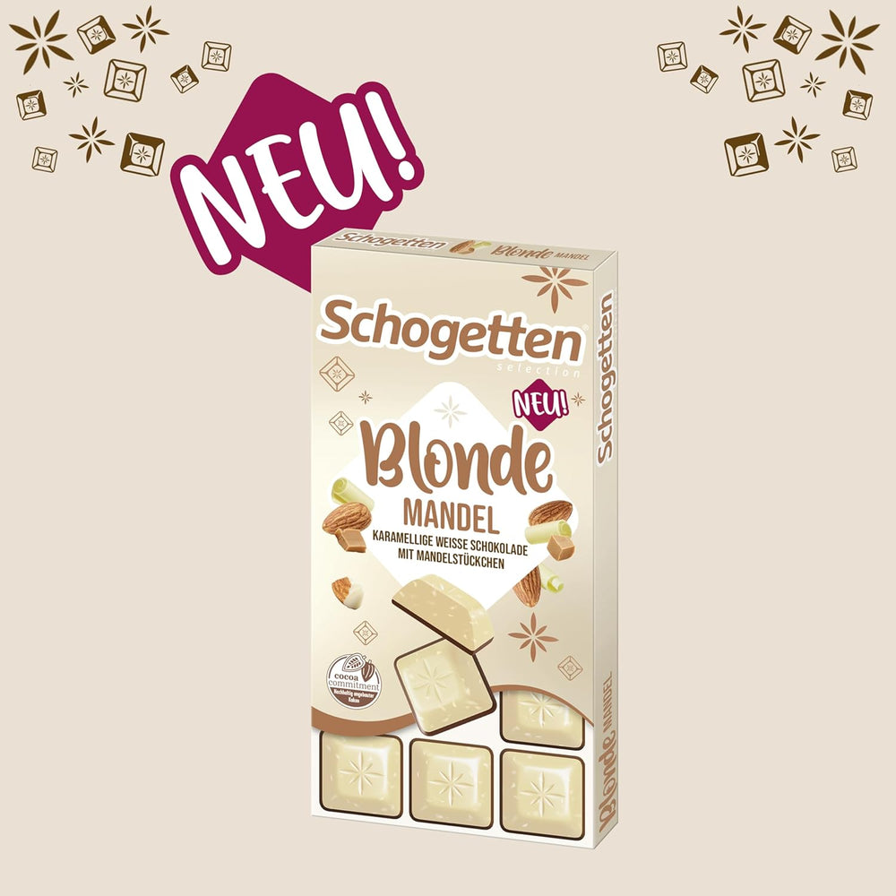 Schogetten Blonde Mandel | Hvid chokolade med karamel og mandelstykker | 100 g | Bekvemt portioneret (pakke med 2)