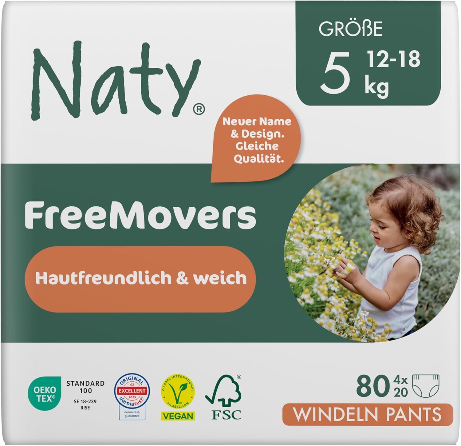 Naty FreeMovers Babybleer | Certificeret hudvenlige blebetræk | Blød og duftfri | Absorberende og lækagesikker | Dermatologisk testet størrelse 5 (12–18 kg) | 80 stk