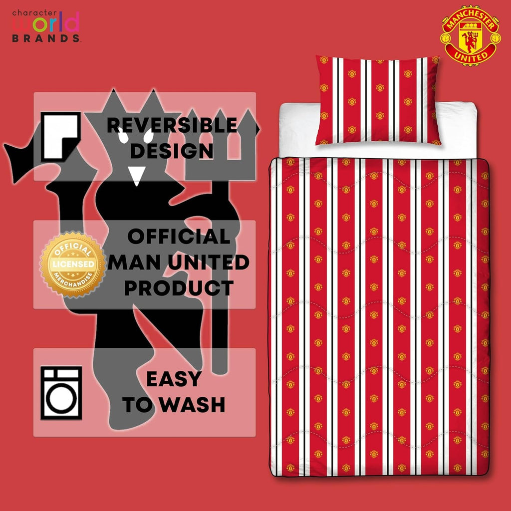 Manchester United FC Official Single Duvet, Reversible, Red & White, Coverless, Football Quilt, Pillowcase, Lavabil, Perfect pentru călătorii, Overnight Stays, 10.5 Tog Plapumi si pilote Naty Shop
