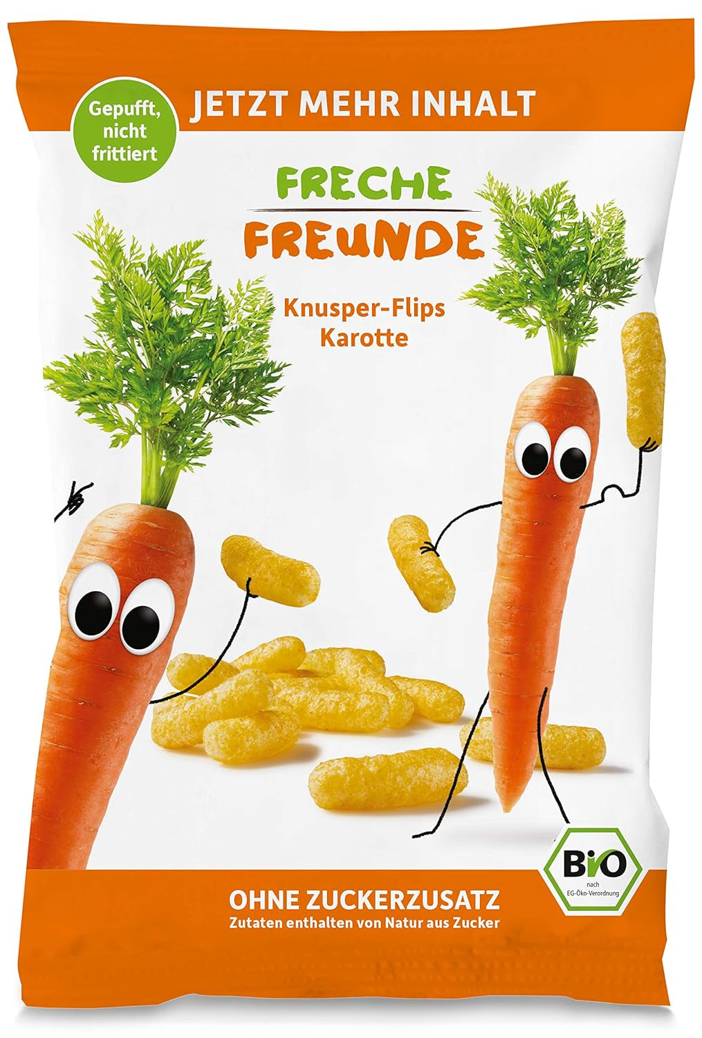 Økologiske frugtchips "100% jordbær" frysetørrede jordbærfrugtchips (12 x 12 g) og nye økologiske sprøde majs- og gulerodsflips, økologisk snack, fra 1 år, (9 x 30 g) 270 g
