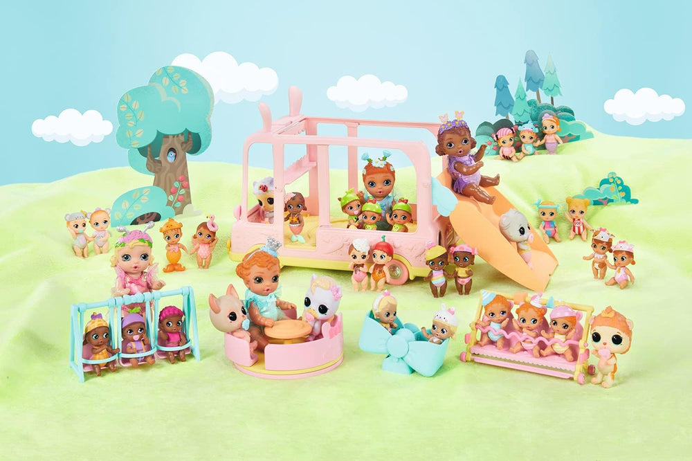 BABY born 904763 Autobuz Surpriză Bebeluși - autobuz de jucărie roz pentru păpuși mini mici, cu 2 păpuși exclusive, cărucior triplu, balansoar, carusel, tobogan și leagăn triplu.