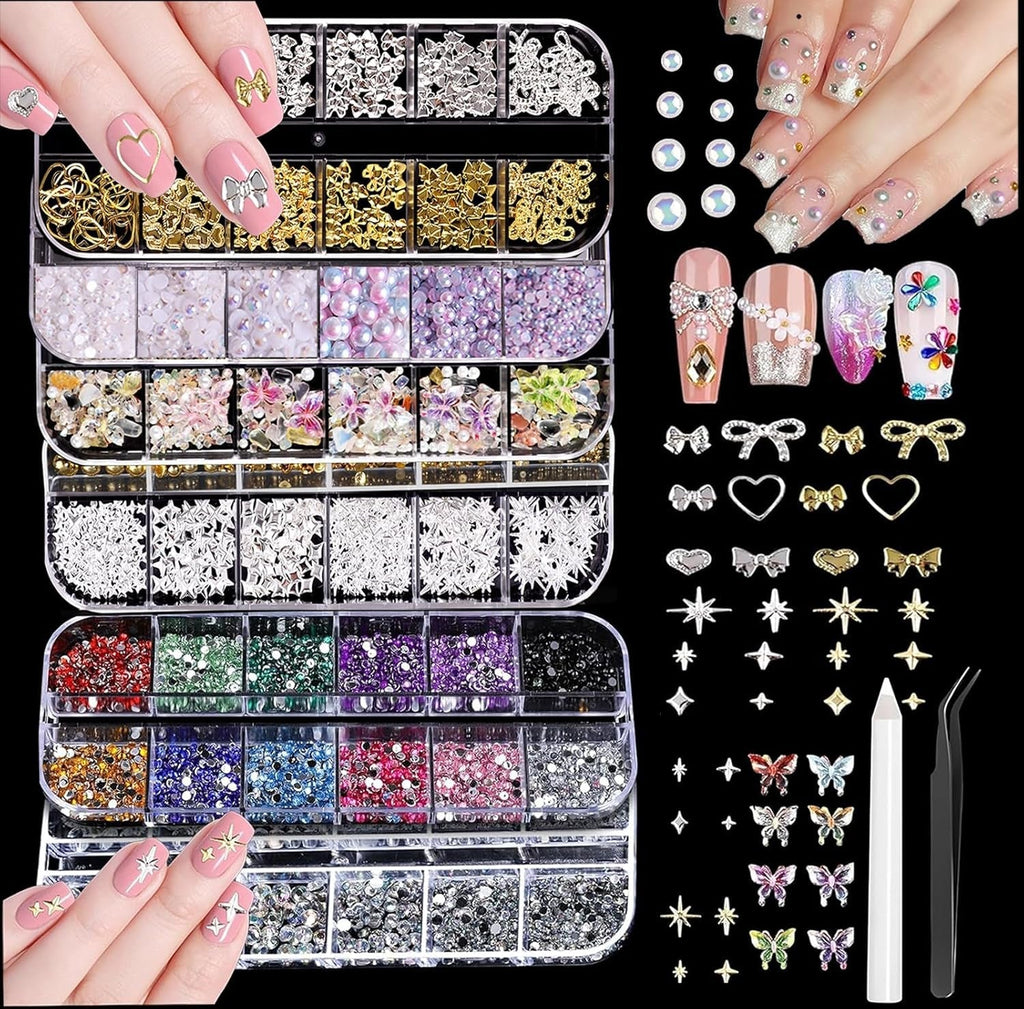 Nail Charms,6 Boxen Gold Silber Nagel Charms 3D Gold Bogen Stern Nail Art Dekoration+6200 Strasssteine Bunt Steine AB Perlen Diamanten,3D Legierung Bow Nail Gems Nagel Deko Für Frauen Nagel (6-A)