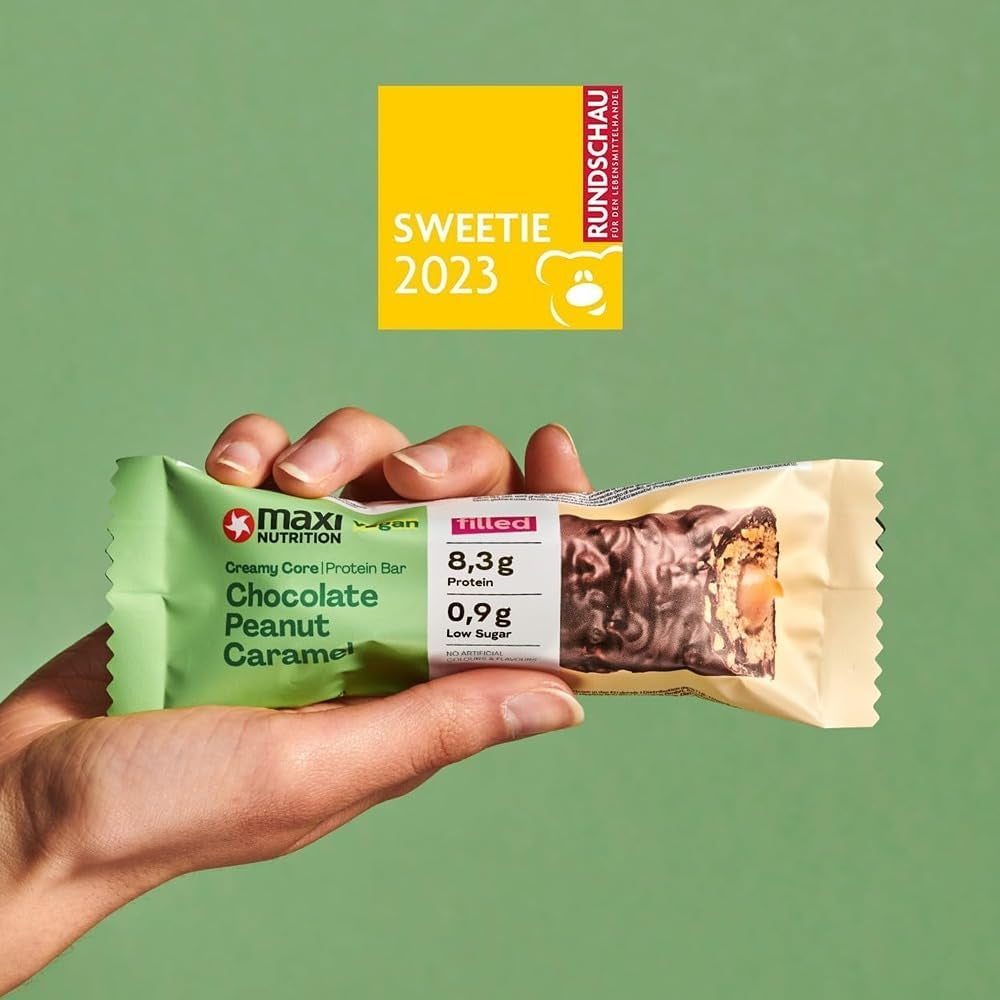 MaxiNutrition Cremet vegansk proteinbar med chokolade, peanuts og karamel 12x45g - vegansk proteinbar, 18% protein, 8,3g pr. bar, lavt sukkerindhold (0,9g), uden tilsat sukker, ingen kunstige smagsstoffer