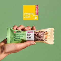 MaxiNutrition Cremet vegansk proteinbar med chokolade, peanuts og karamel 12x45g - vegansk proteinbar, 18% protein, 8,3g pr. bar, lavt sukkerindhold (0,9g), uden tilsat sukker, ingen kunstige smagsstoffer