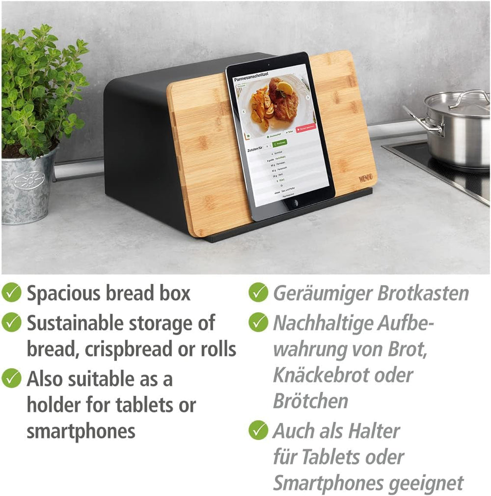 WENKO coș de pâine cu placă de bambus Kubo, depozitare versatilă a pâinii cu capac și placă de tăiere integrată din bambus, cutie de depozitare a alimentelor, depozitare durabilă a pâinii, 35 x 20,5 x 26 cm, negru/natură Cutii depozitare alimente Naty Shop