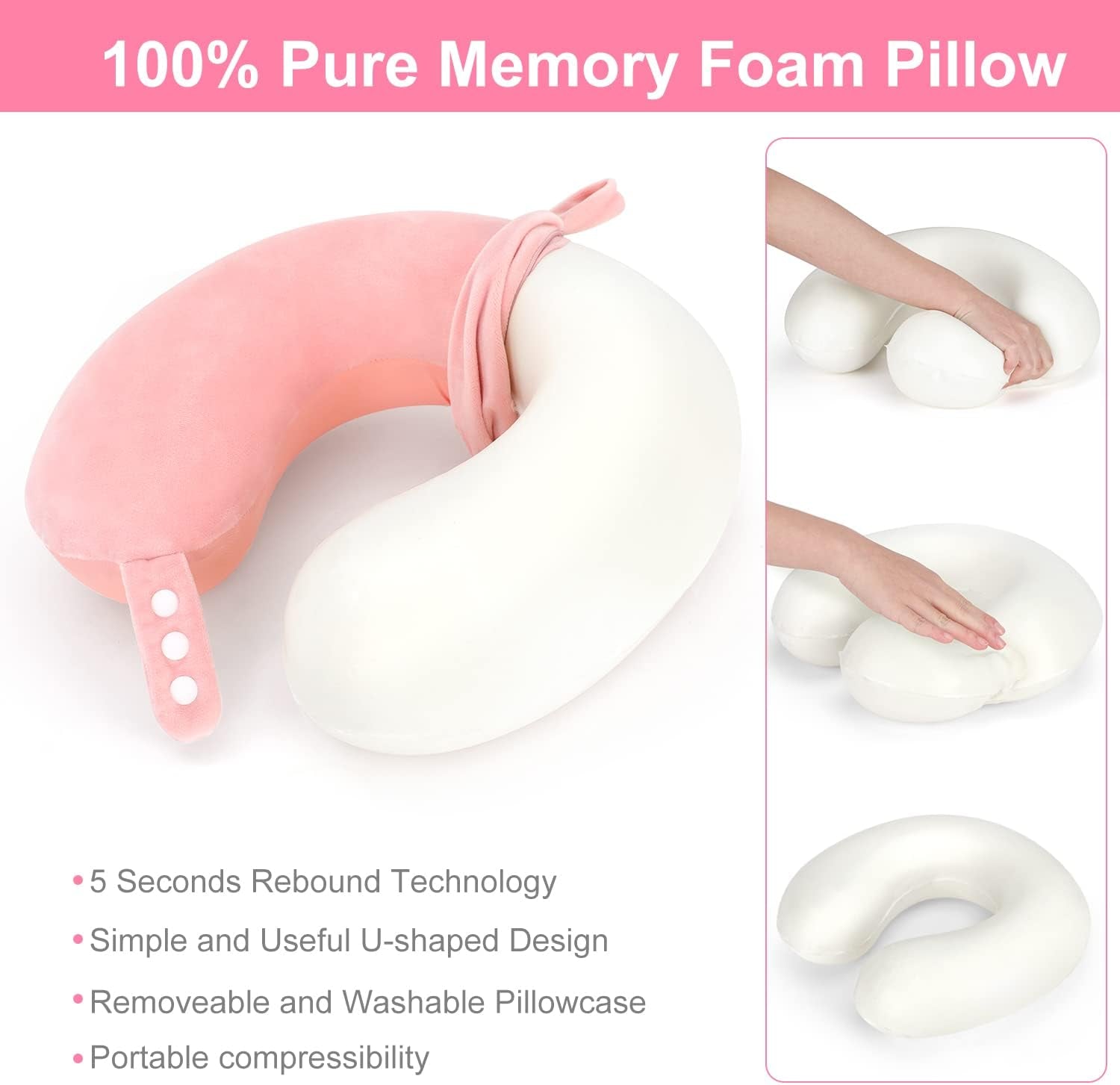 TALLGO Travel Neck Pillow, cea mai bună pernă de avion din spumă de memorie pentru tetieră, pernă moale reglabilă pentru avion, mașină și casă, roz Perne ortopedice cervicale Naty Shop