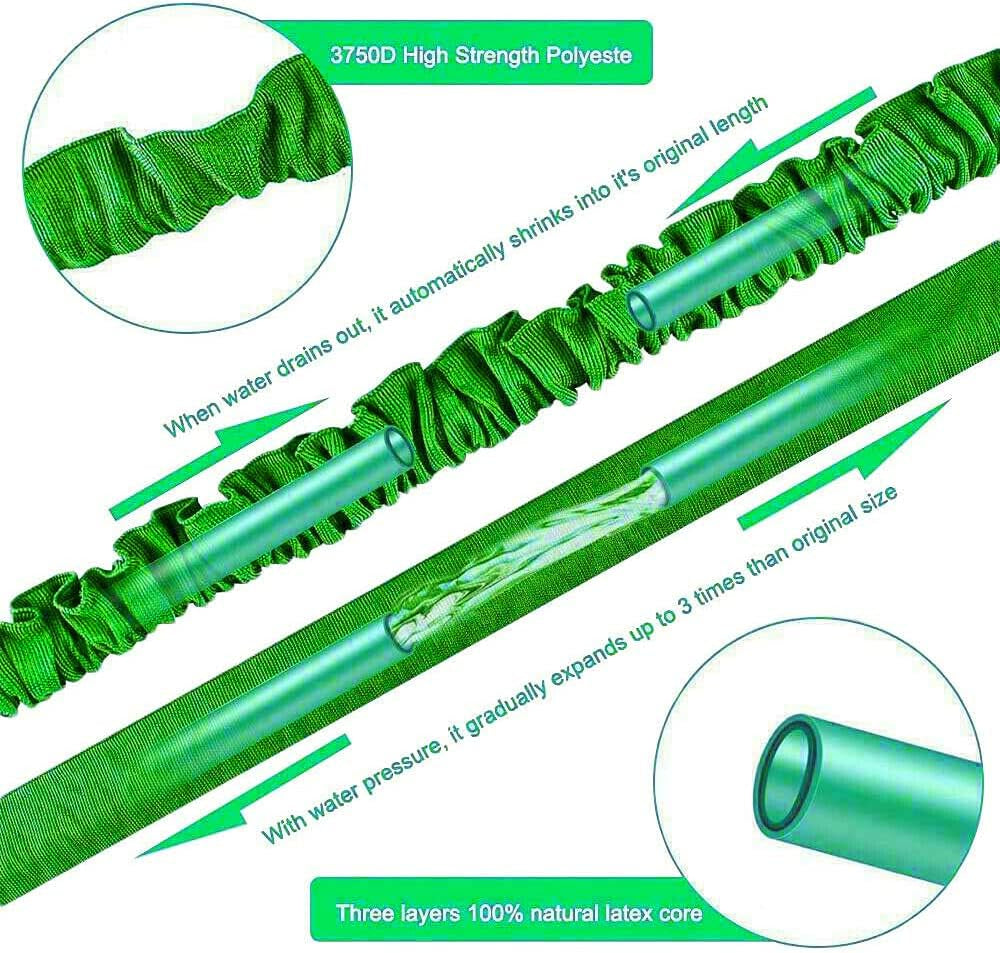 Furtun de grădină extensibil 30 m, furtun flexibil de apă de 100 ft cu duză de pulverizare cu 8 jeturi, furtun retractabil etanș, rezistent cu conectori de 3/4" și 1/2" (30 m, verde)